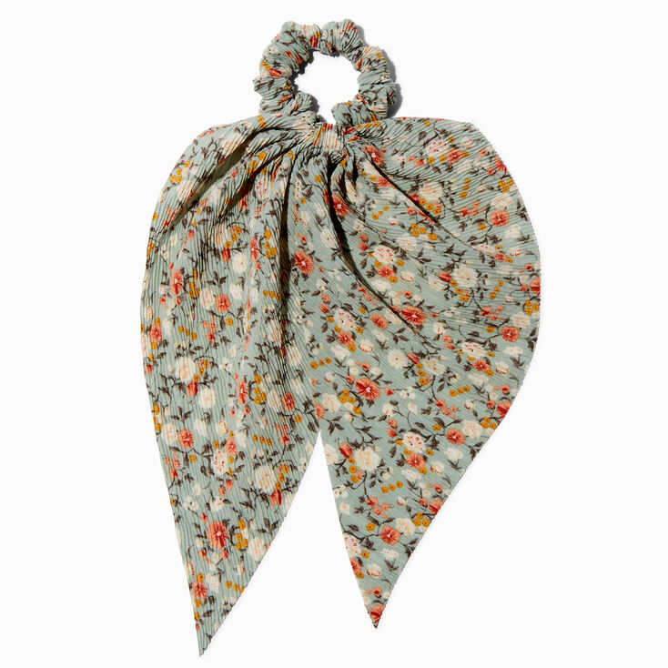 Green Floral Pleated Hair Scrunchie Scarf,