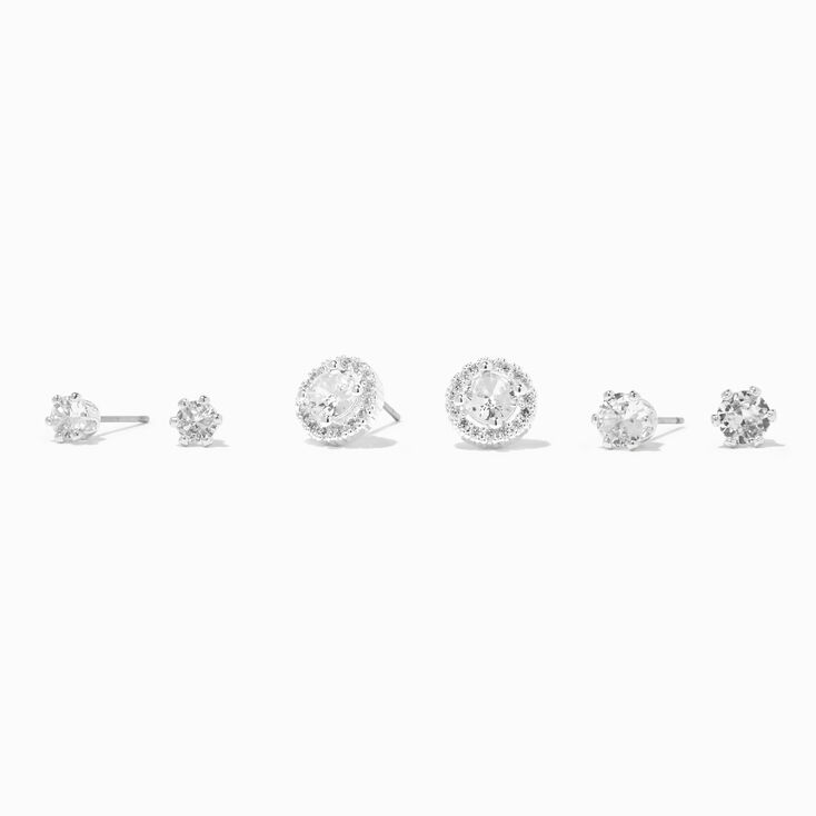 Silver Halo Cubic Zirconia Studs Earrings - 3 Pack,