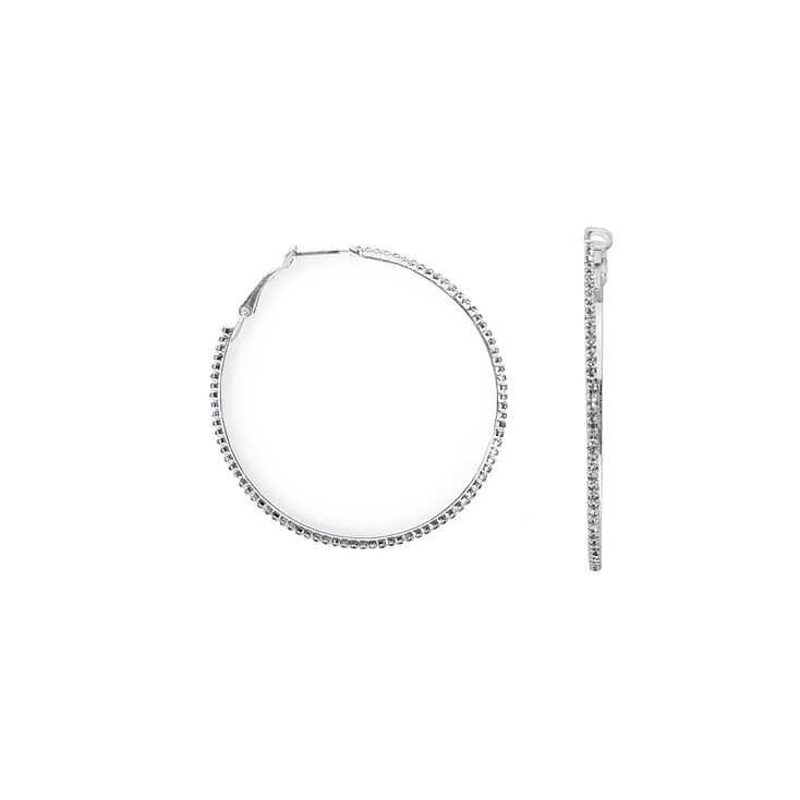 50MM Thin Silver &amp; Pav&eacute; Rhinestone Hoop Earrings,