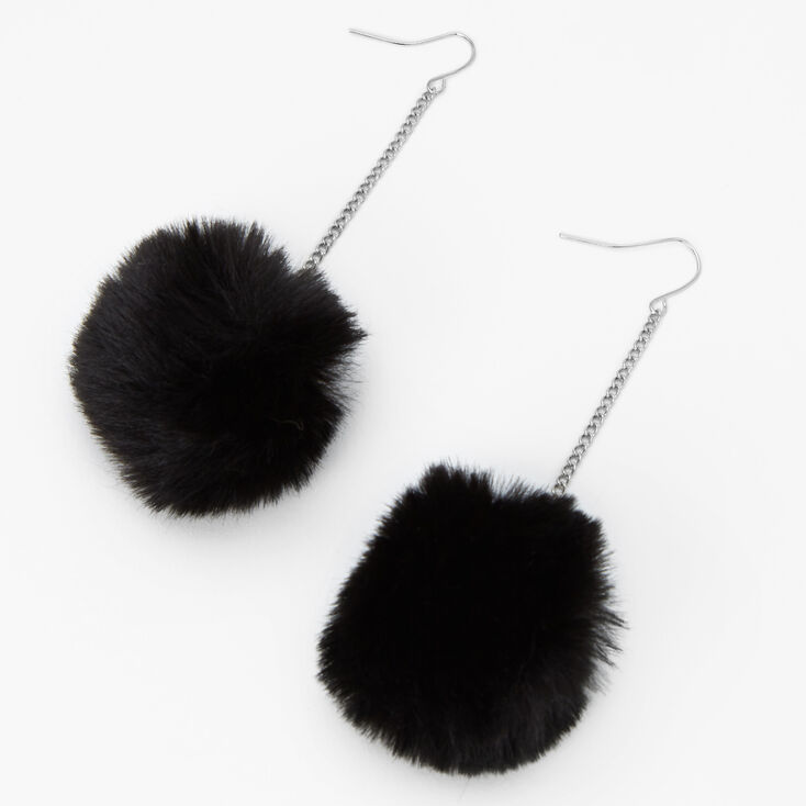 Silver 3&quot; Pom Pom Drop Earrings - Black,