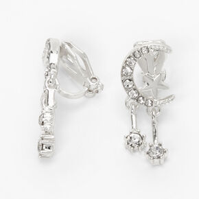 Silver Cubic Zirconia Celestial Clip On Stud Earrings,