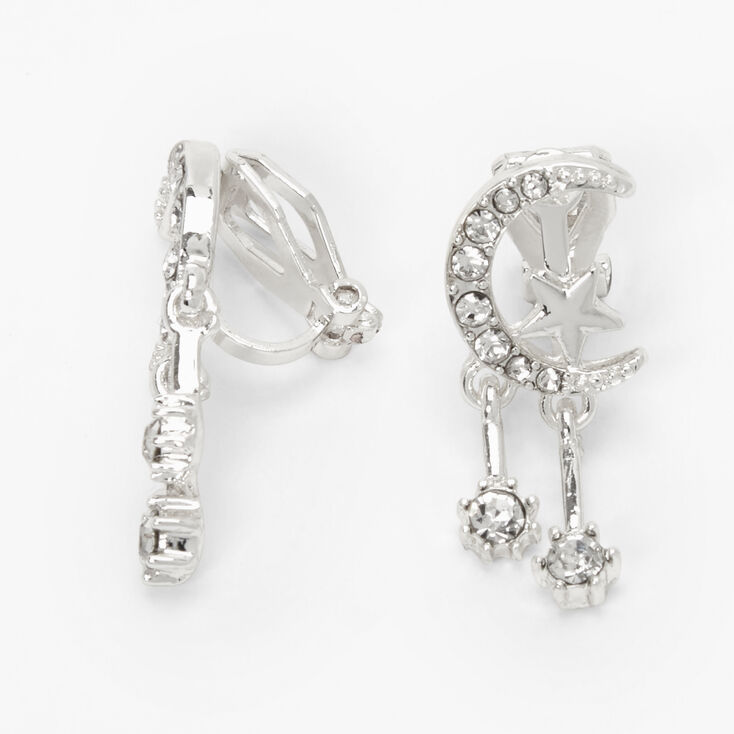 Silver Cubic Zirconia Celestial Clip-On Stud Earrings,