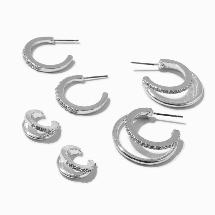 Silver-tone Pave Crystal Mixed Hoop Earrings - 3 Pack,
