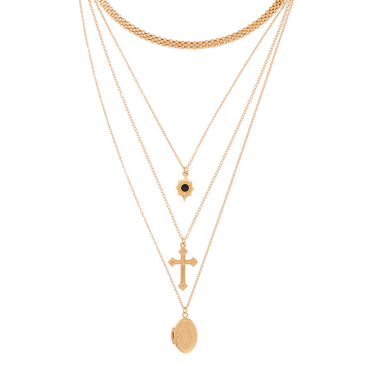 Gold Cross Locket Multi Strand Necklace,