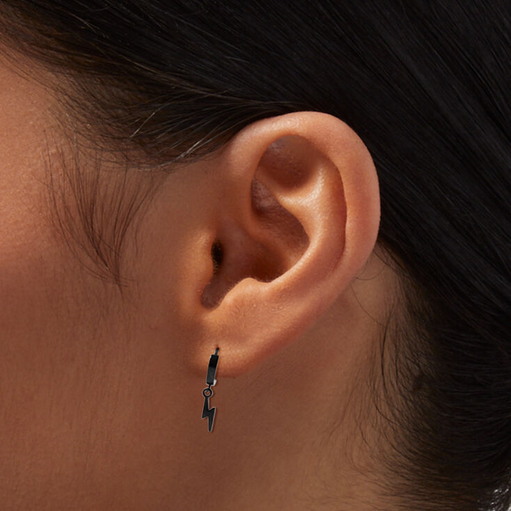 Black Titanium 7MM Mini Lightning Bolt Hoop Earrings,
