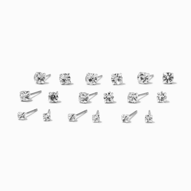 Silver Graduated Crystal Stud Earrings - 9 Pack,