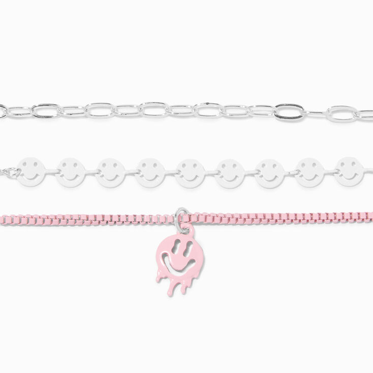 Pink Melted Happy Face Chain Bracelets - 3 Pack,