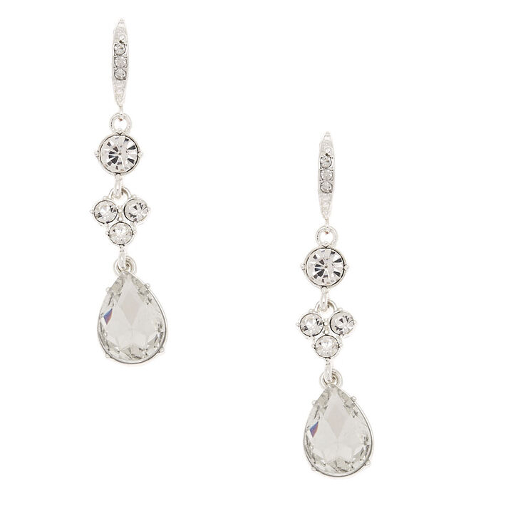 Silver Rhinestone 2" Linear Teardrop Drop Earrings,