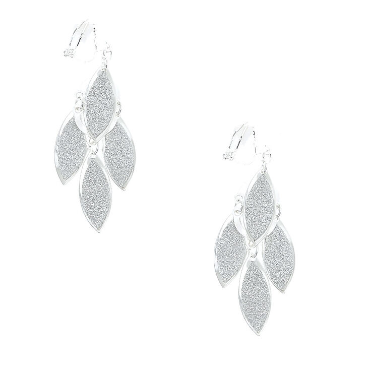 Silver Glitter Cascading Leaves Clip On Drop Earrings,