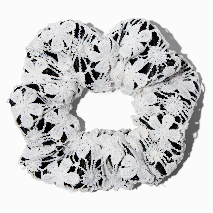 Black &amp; White Floral Crochet Medium Hair Scrunchie,