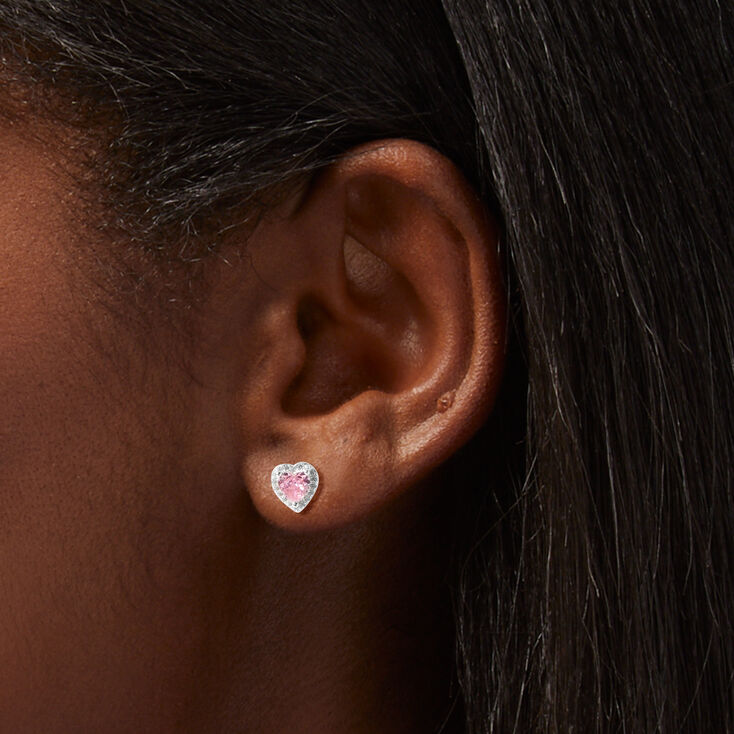 Sterling Silver Pink Halo Heart Stud Earrings,
