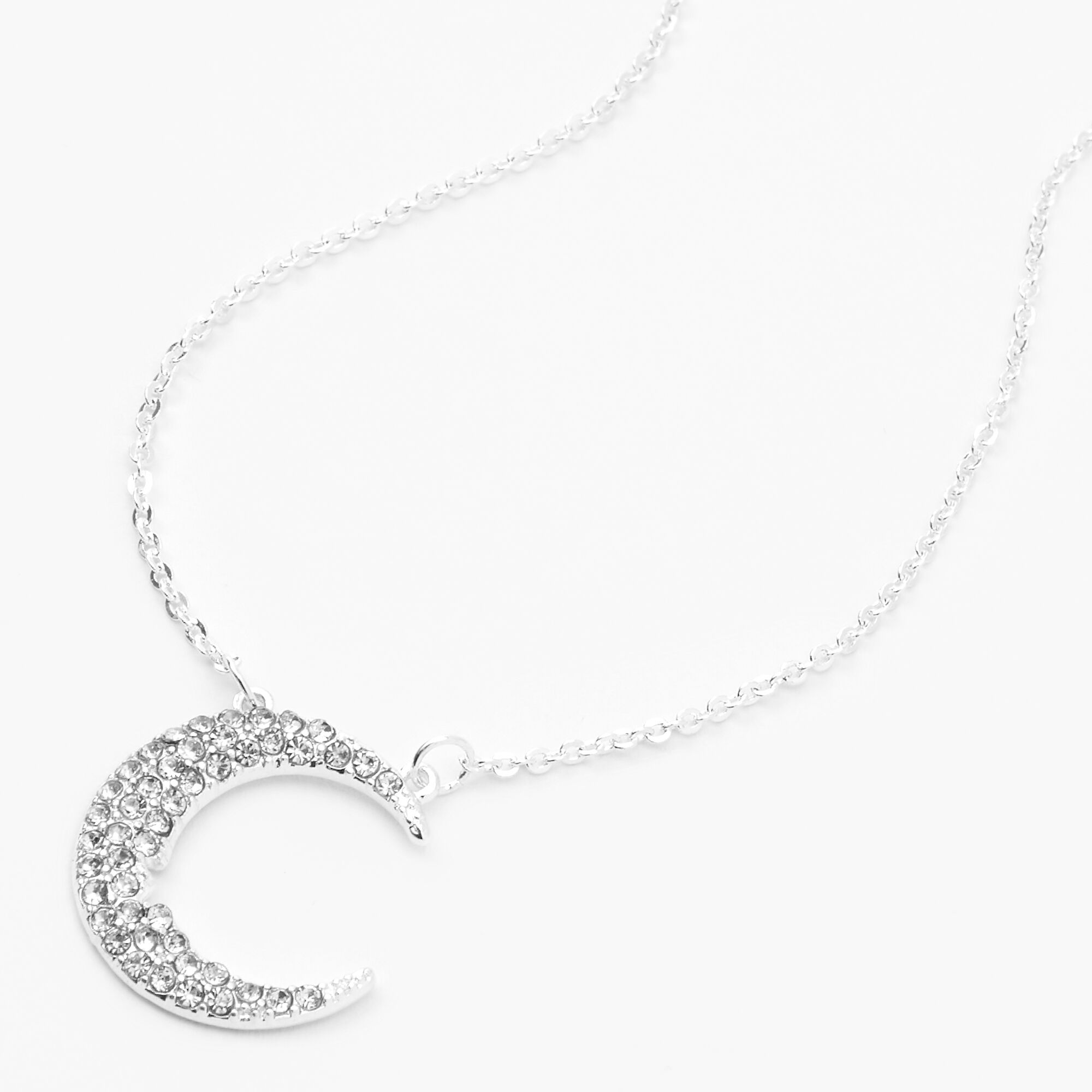 1930s Art Deco Style Jewelry – Costume Jewelry Icing Silver Pave Crescent Moon Pendant Necklace $12.99 AT vintagedancer.com