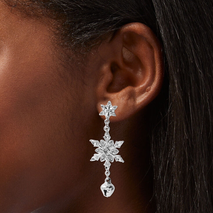 Holiday Bells &amp; Snowflakes Silver-tone 2&quot; Drop Earrings,