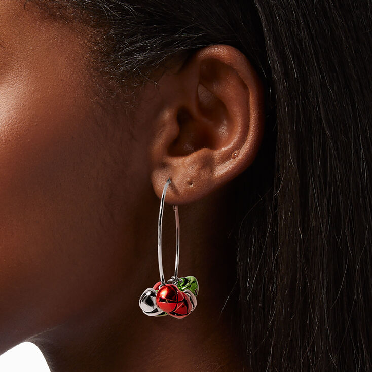 Christmas Jingle Bells Silver 50MM Hoop Earrings,