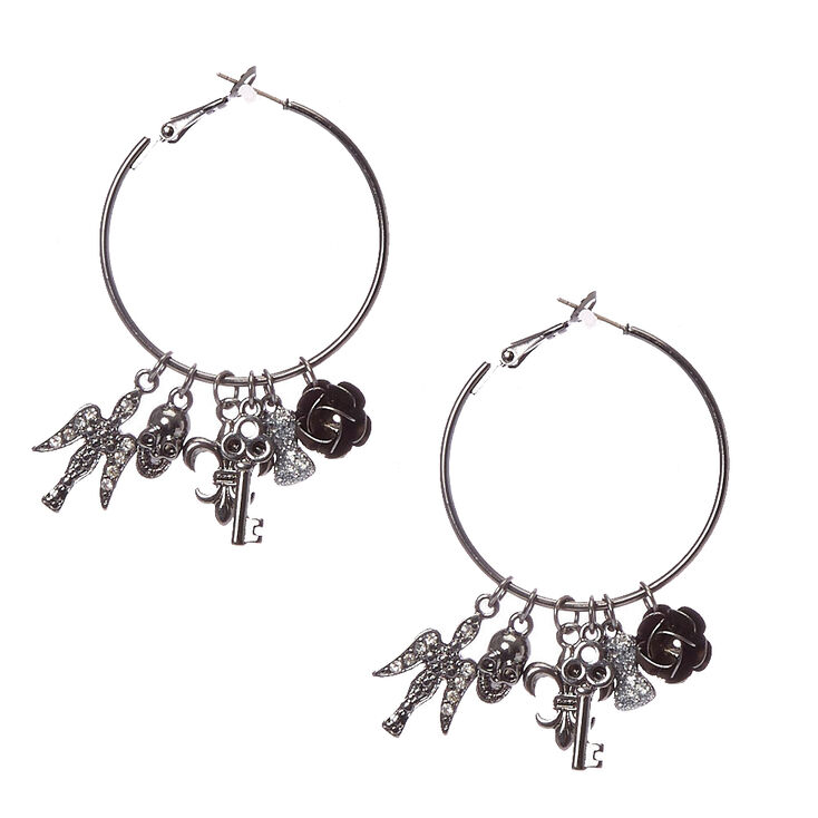 Black Hoop with Gothic Charm Earrings,