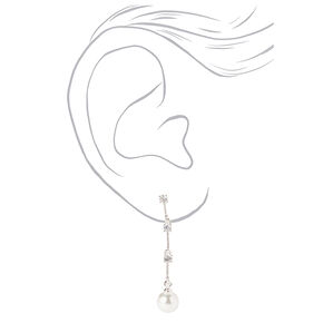 Silver 1.5&quot; Crystal Pearl Linear Drop Earrings,