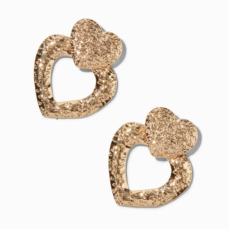 Gold-tone Textured Open Heart 2&quot; Drop Earrings ,