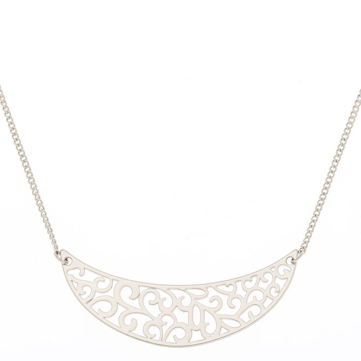 Silver Filigree Half Moon Pendant Necklace,