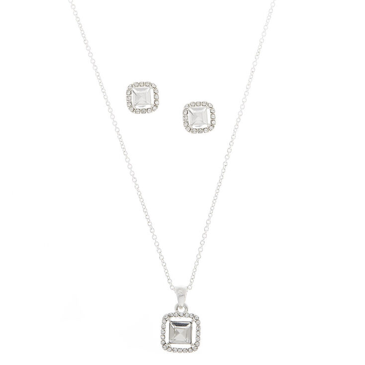 Silver Rhinestone Square Glass Jewelry Set - 2,