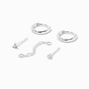 ICING Select Sterling Silver Plated Cubic Zirconia Hoop &amp; Stud Connector Chain Earring Set - 5 Pack,