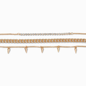 Gold-tone Crystal Cup Chain Spike Bracelets - 3 Pack,