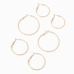 Gold Graduated Textured Hinge Hoop Earrings - 3 Pack,