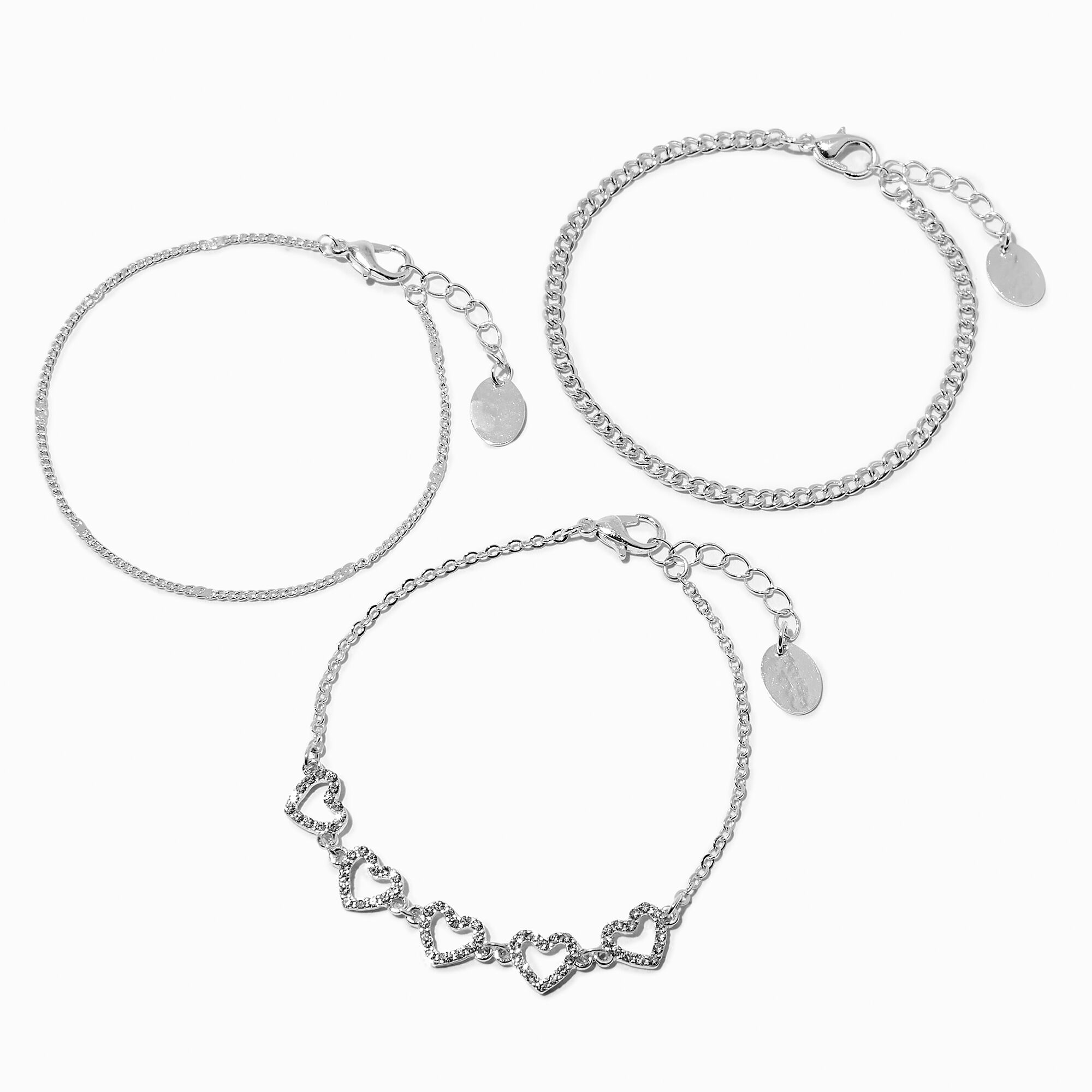 Silver tone Crystal Heart Bracelet Set 3 Pack Icing US