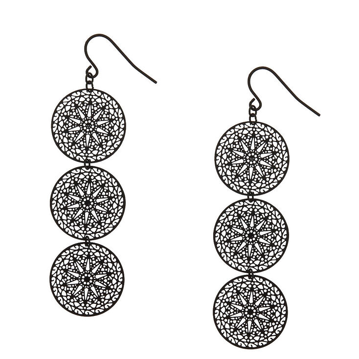 Black Filigree Circle Drop Earrings,