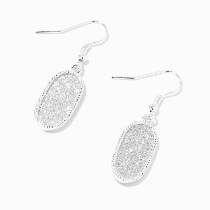 Silver 1&quot; Glitter Oval Drop Earrings,
