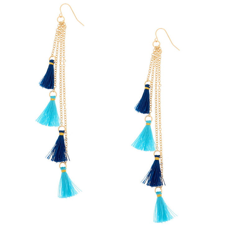 Gold Blue Tassel Drop Earrings,