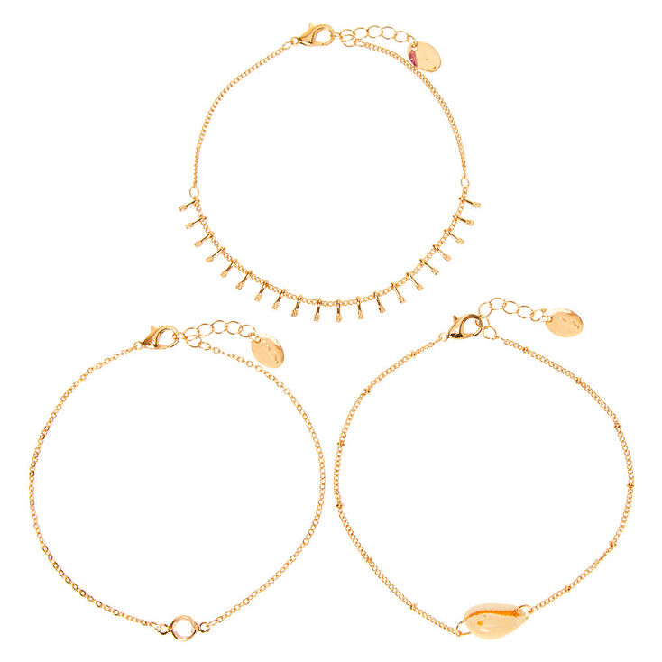 Gold Cascading Cowrie Shell Anklets - 3 Pack,