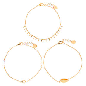 Gold Cascading Cowrie Shell Anklets - 3 Pack,