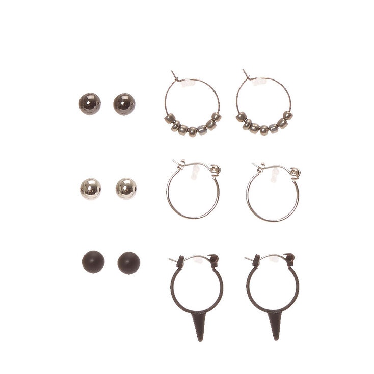 Black & Silver Edgy Stud & Mini Hoop Earrings,