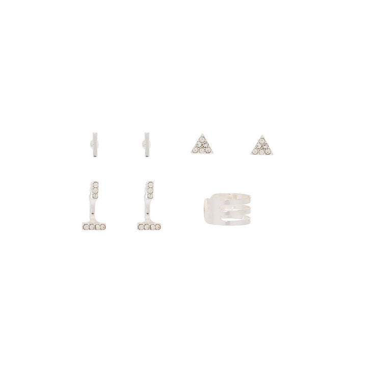 Silver Stud Earrings, 3 Pack + Free Ear Cuff,