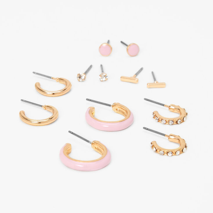 Gold Hoop &amp; Stud Earrings - Pink, 6 Pack,