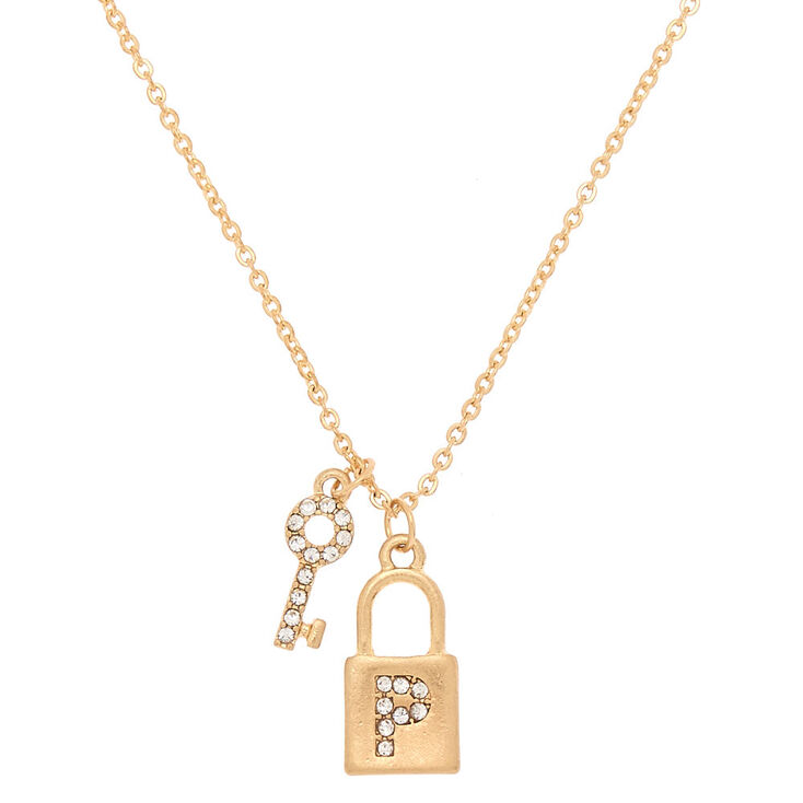 Gold Lock & Key Initial Pendant Necklace - P,
