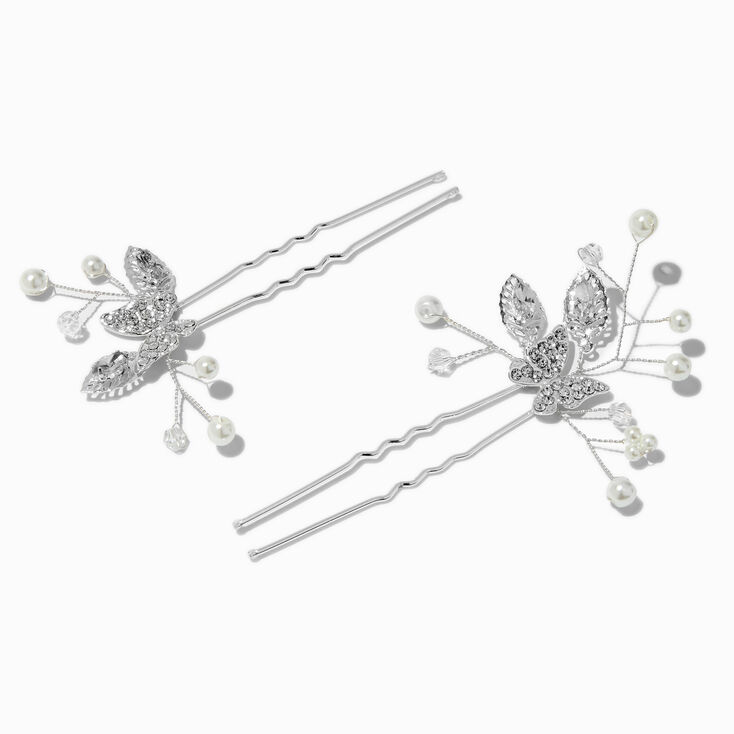 Silver-tone Crystal Butterfly &amp; Pearl Spray Hair Pins - 2 Pack,