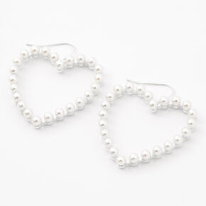 Silver 1.5&quot; Pearl Open Heart Drop Earrings,