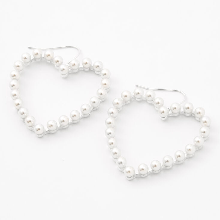 Silver 1.5&quot; Pearl Open Heart Drop Earrings,