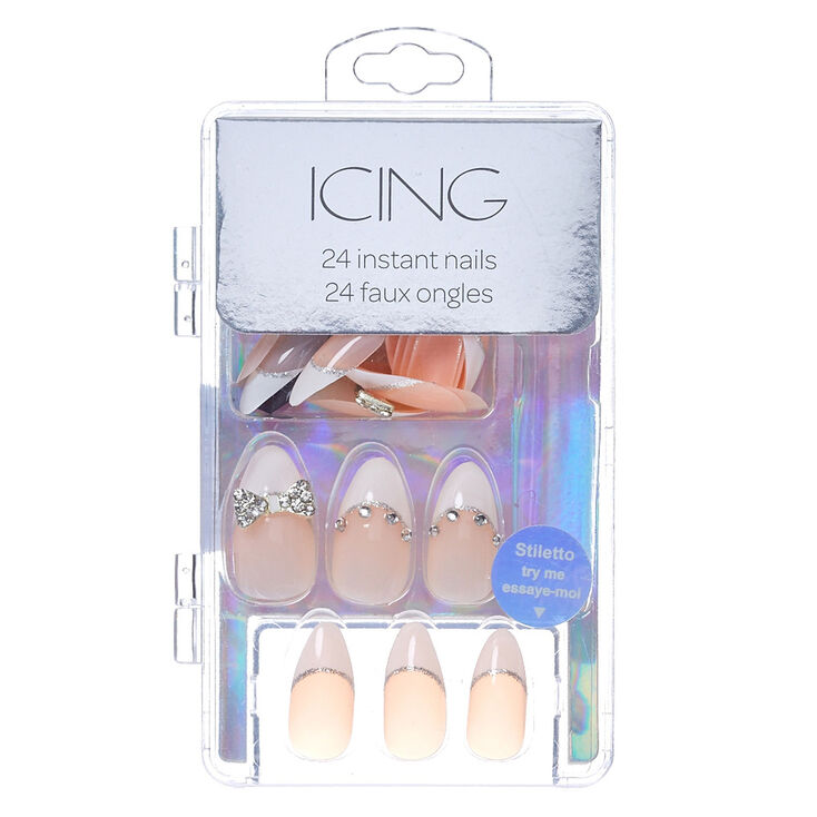 French Tip 3D Bow Tie Stiletto Faux Nail Set - 24 Pack,
