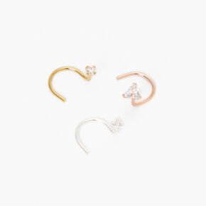 Sterling Silver Geometric Crystal Nose Rings - 3 Pack,