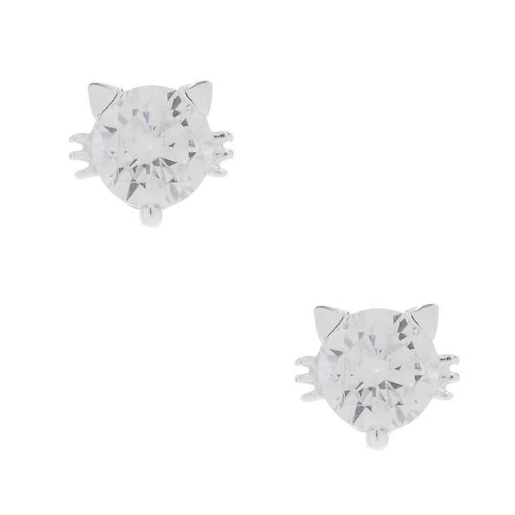 5MM Sterling Silver Cubic Zirconia Cat Earrings,