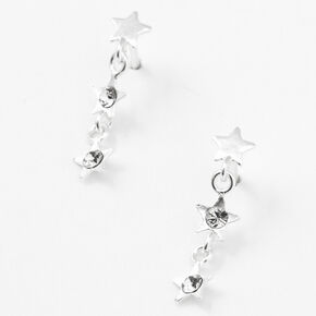 Sterling Silver 1&quot; Embellished Star Linear Drop Earrings,