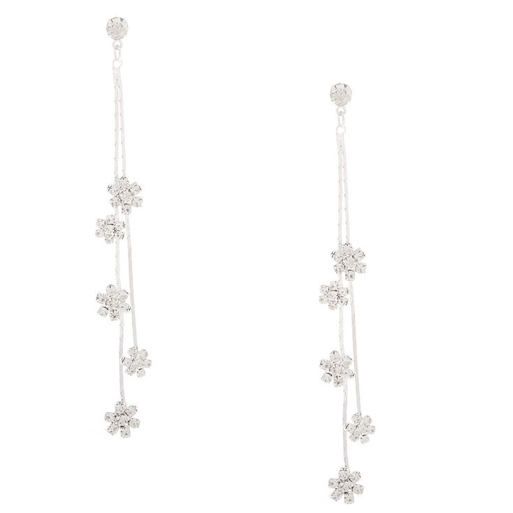 Silver Rhinestone 3" Flower Drop Earrings,