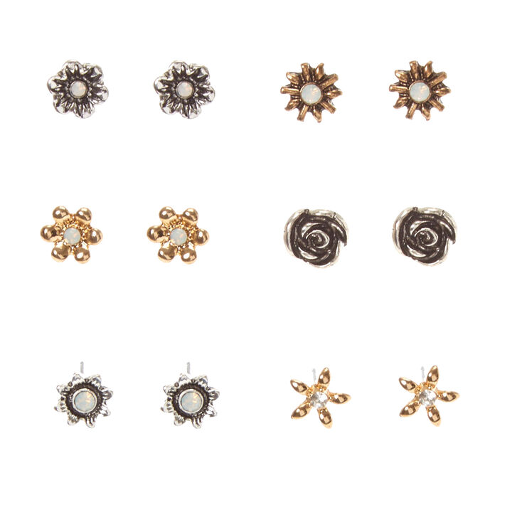 Burnished Mixed Metal Flower Stud Earrings,