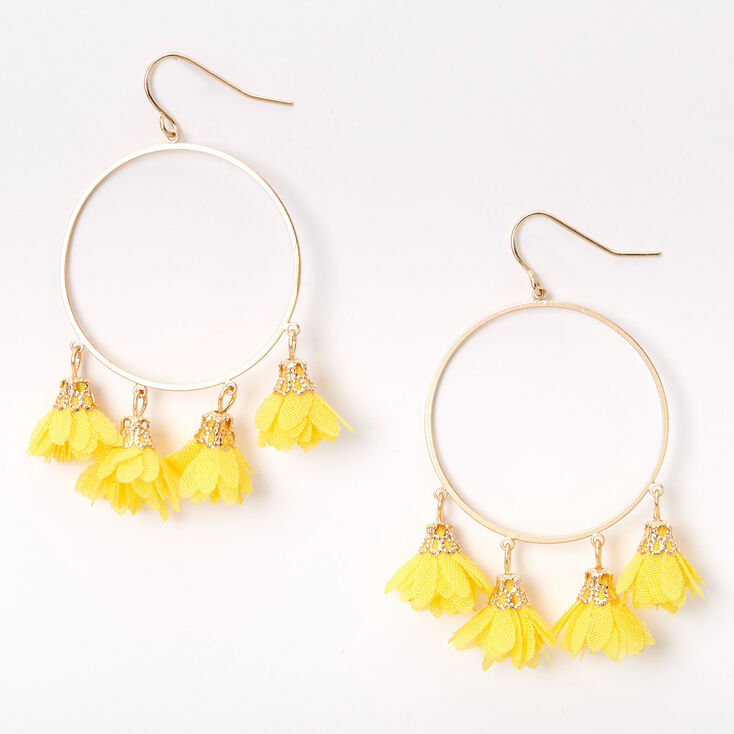 Gold 2" Circle Chiffon Flower Drop Earrings - Yellow,