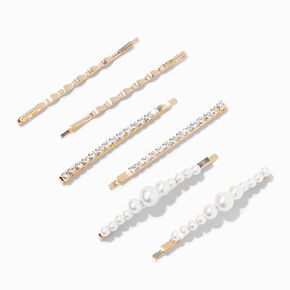Gold Pearl &amp; Geometric Crystal Bobby Pins - 6 Pack,
