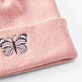 Pink Butterfly Embroidered Beanie Hat,