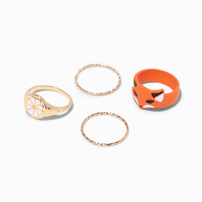 Orange Fox, White Daisy, &amp; Gold Woven Band Ring Set - 4 Pack,