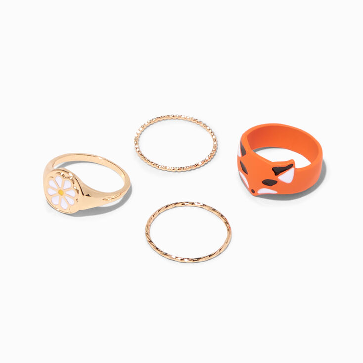Orange Fox, White Daisy, &amp; Gold Woven Band Ring Set - 4 Pack,